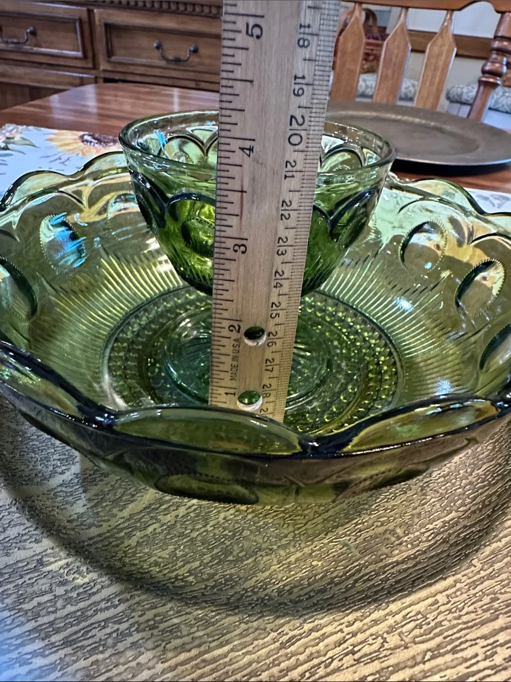 Anchor Hocking vintage thumbprint Green Glass Chip and Dip Serving Bowl